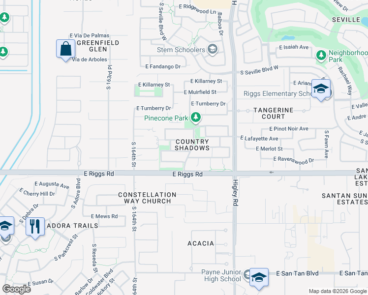 map of restaurants, bars, coffee shops, grocery stores, and more near 3003 East Merlot Street in Gilbert
