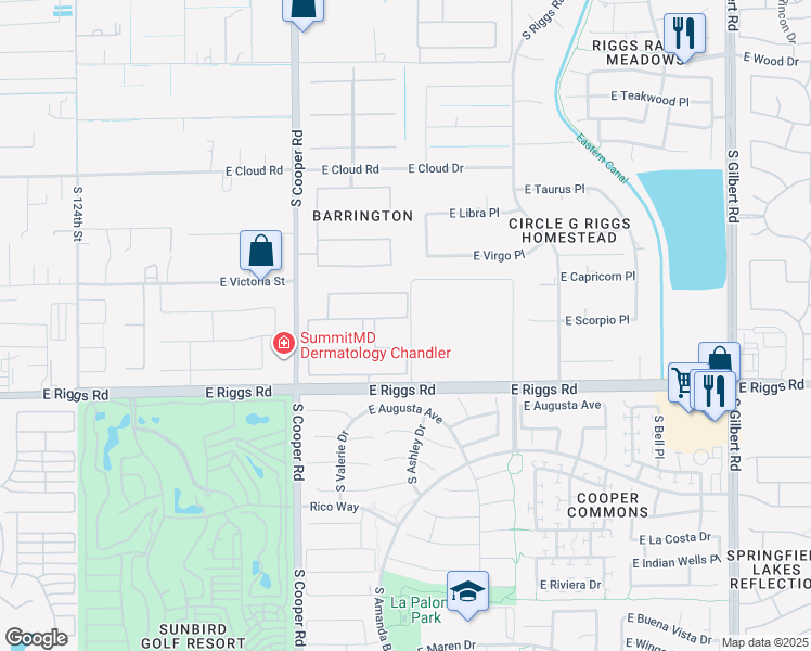 map of restaurants, bars, coffee shops, grocery stores, and more near 2193 East Scorpio Place in Chandler
