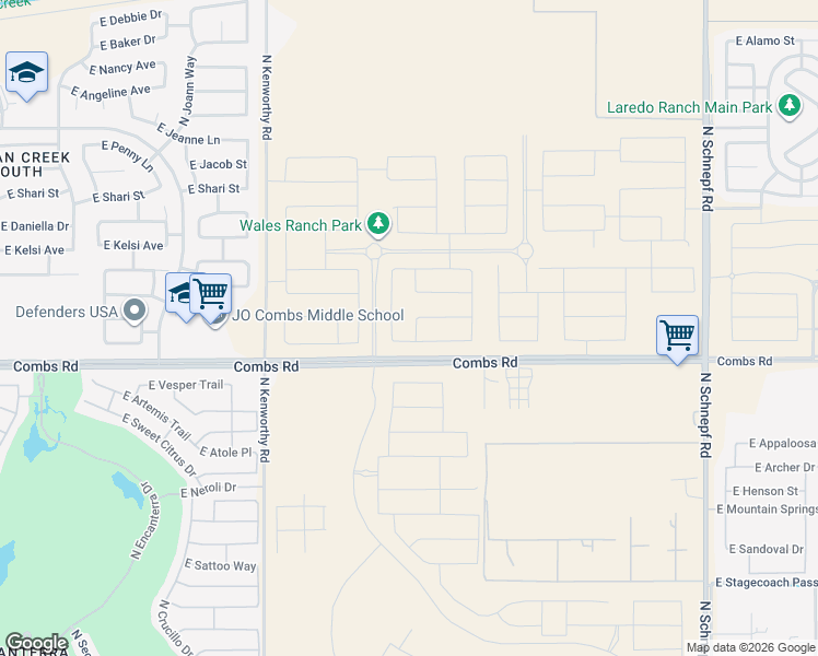 map of restaurants, bars, coffee shops, grocery stores, and more near 1800-2396 East Combs Road in San Tan Valley