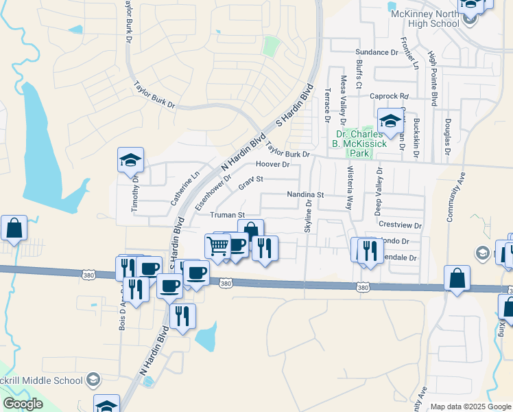 map of restaurants, bars, coffee shops, grocery stores, and more near 2101 Arthur Street in McKinney