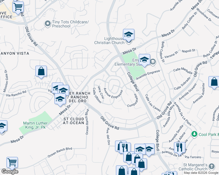 map of restaurants, bars, coffee shops, grocery stores, and more near 1419 Enchante Way in Oceanside