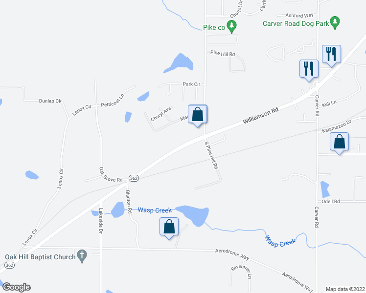 map of restaurants, bars, coffee shops, grocery stores, and more near 2108 Williamson Road in Griffin