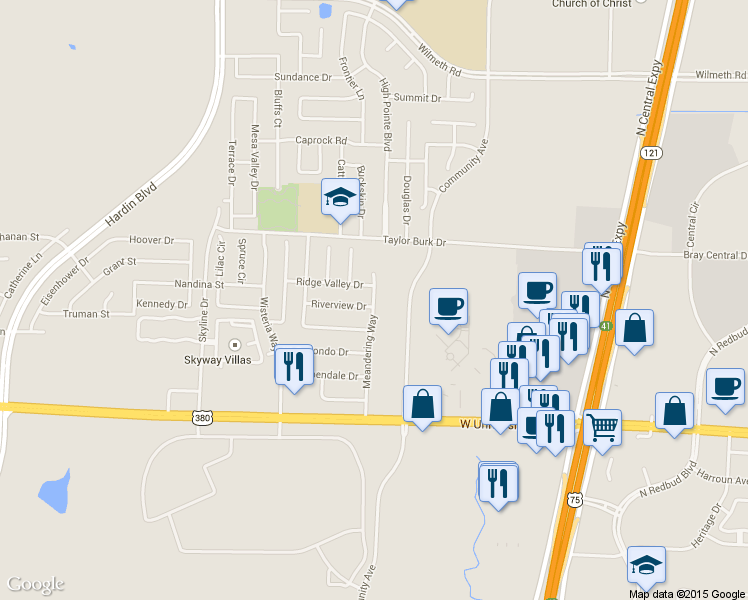 map of restaurants, bars, coffee shops, grocery stores, and more near 2002 Meandering Way in McKinney