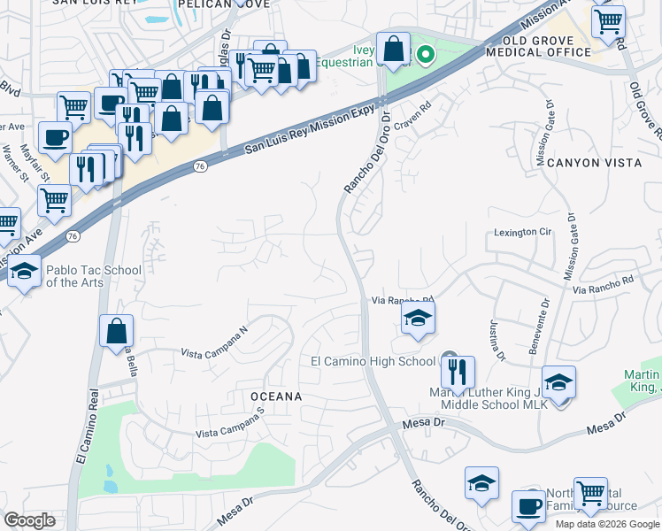 map of restaurants, bars, coffee shops, grocery stores, and more near 3929 San Lorenzo Court in Oceanside