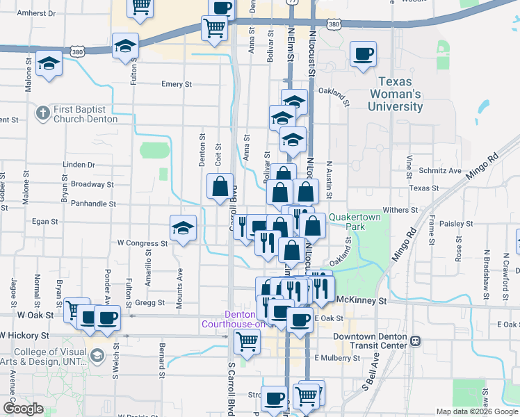 map of restaurants, bars, coffee shops, grocery stores, and more near 703 Bolivar Street in Denton