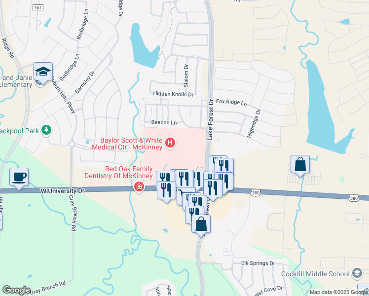 map of restaurants, bars, coffee shops, grocery stores, and more near 5236 West University Drive in McKinney