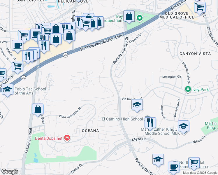 map of restaurants, bars, coffee shops, grocery stores, and more near 348 San Dimas Avenue in Oceanside