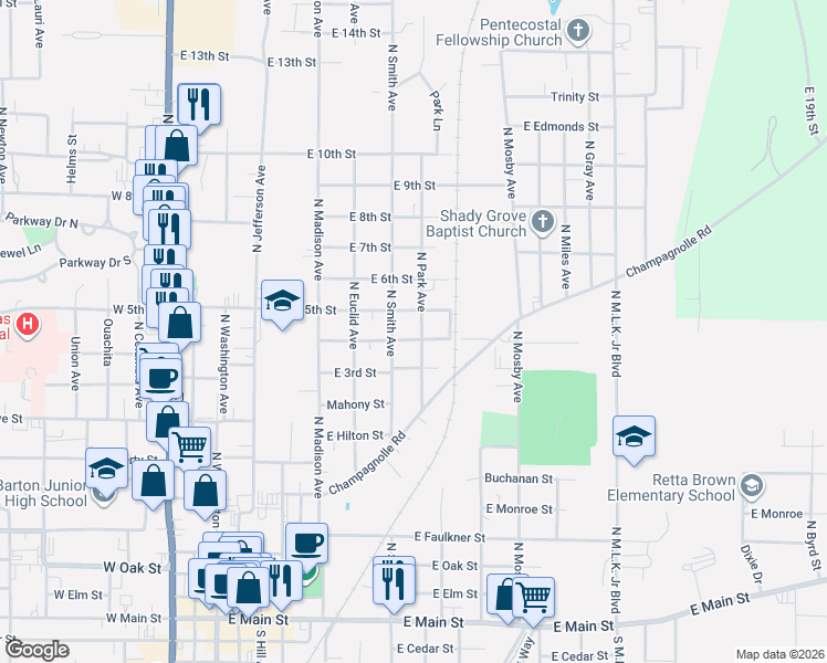 map of restaurants, bars, coffee shops, grocery stores, and more near 705 East 4th Street in El Dorado