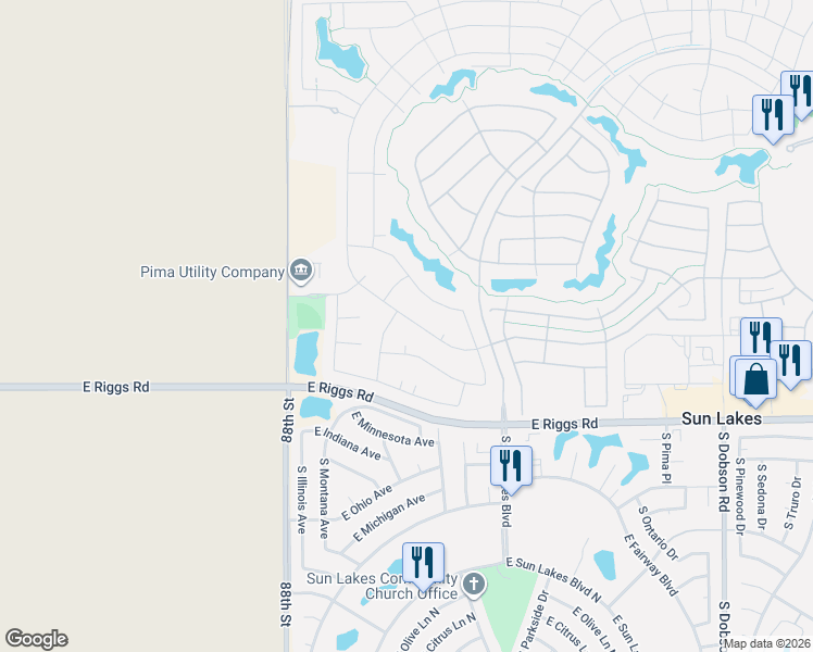 map of restaurants, bars, coffee shops, grocery stores, and more near 9008 East Coopers Hawk Drive in Sun Lakes