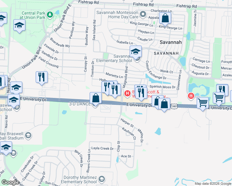 map of restaurants, bars, coffee shops, grocery stores, and more near 26785 East University Drive in Aubrey