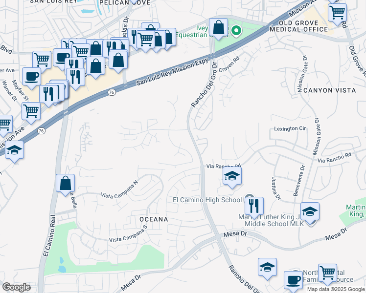 map of restaurants, bars, coffee shops, grocery stores, and more near 340 San Dimas Avenue in Oceanside
