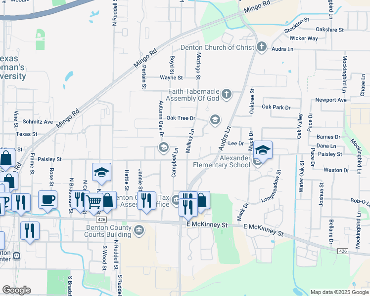 map of restaurants, bars, coffee shops, grocery stores, and more near 817 Mulkey Lane in Denton