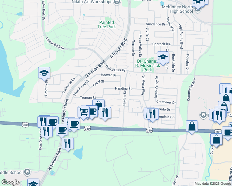 map of restaurants, bars, coffee shops, grocery stores, and more near 3112 Nandina Street in McKinney