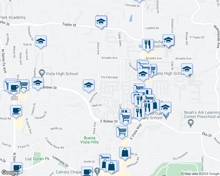 map of restaurants, bars, coffee shops, grocery stores, and more near 1501 Anza Avenue in Vista