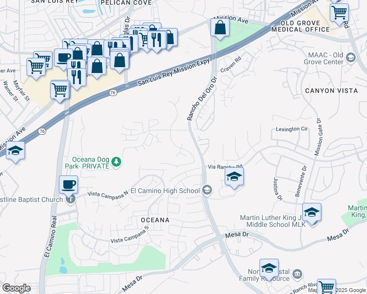 map of restaurants, bars, coffee shops, grocery stores, and more near 340 San Dimas Avenue in Oceanside