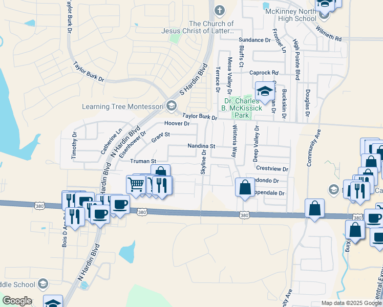 map of restaurants, bars, coffee shops, grocery stores, and more near 3104 Kennedy Drive in McKinney