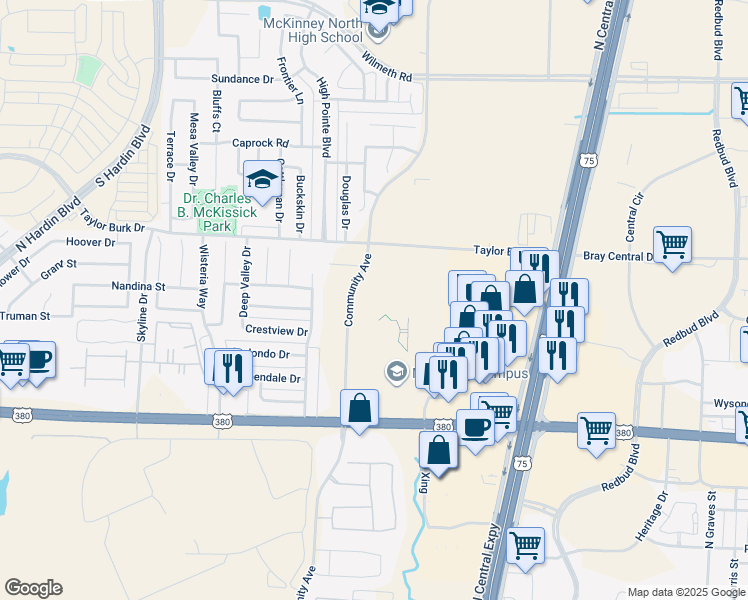 map of restaurants, bars, coffee shops, grocery stores, and more near 2072 Community Avenue in McKinney