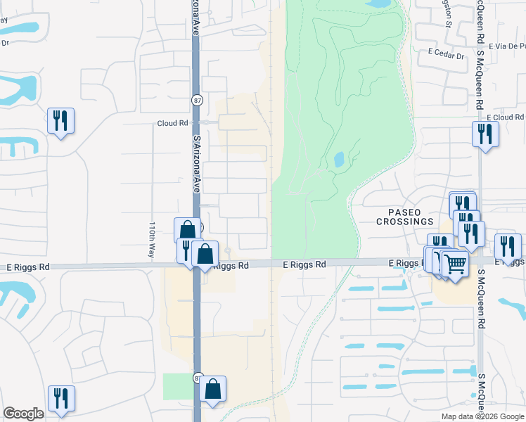 map of restaurants, bars, coffee shops, grocery stores, and more near 5801 South Delaware Street in Chandler