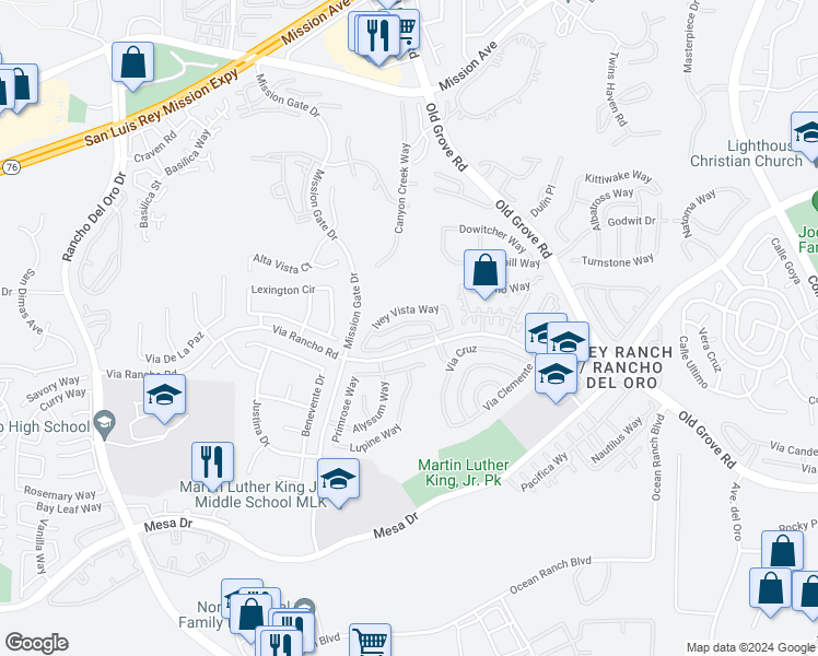 map of restaurants, bars, coffee shops, grocery stores, and more near 459 Blue Sage Way in Oceanside