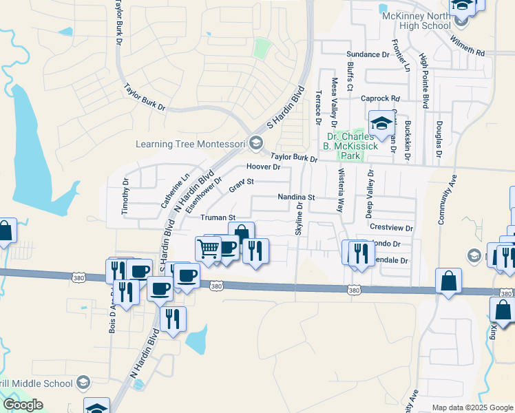map of restaurants, bars, coffee shops, grocery stores, and more near 3216 Kennedy Drive in McKinney