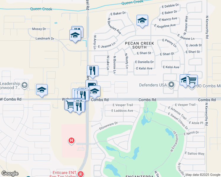 map of restaurants, bars, coffee shops, grocery stores, and more near 37756 North Poplar Road in Queen Creek