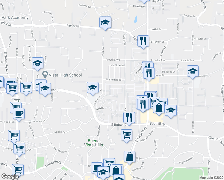 map of restaurants, bars, coffee shops, grocery stores, and more near 849 Via Felicidad in Vista