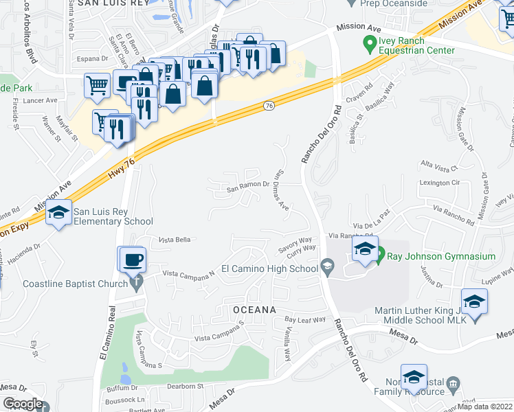 map of restaurants, bars, coffee shops, grocery stores, and more near 3788 San Ramon Drive in Oceanside
