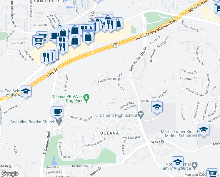 map of restaurants, bars, coffee shops, grocery stores, and more near 3788 San Ramon Drive in Oceanside