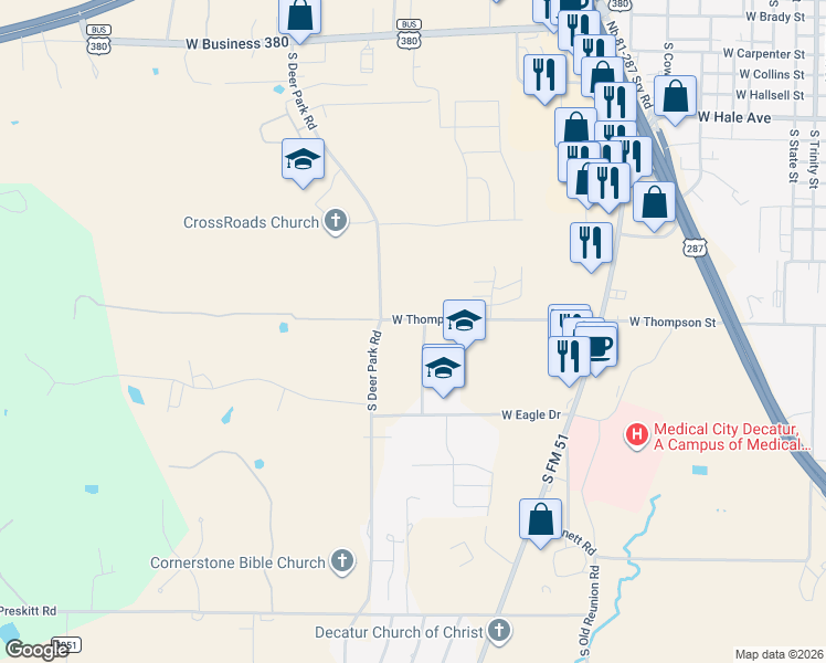 map of restaurants, bars, coffee shops, grocery stores, and more near 1301 West Thompson Street in Decatur