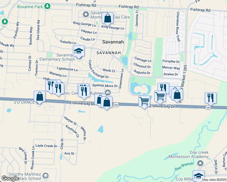 map of restaurants, bars, coffee shops, grocery stores, and more near 1233 Chattahoochee Drive in Denton County