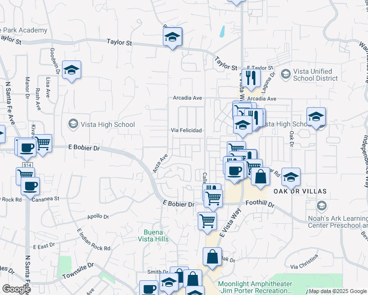 map of restaurants, bars, coffee shops, grocery stores, and more near 1501 Anza Avenue in Vista