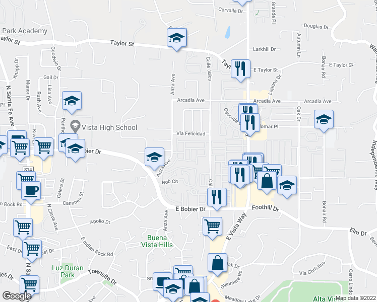 map of restaurants, bars, coffee shops, grocery stores, and more near 849 Via Felicidad in Vista