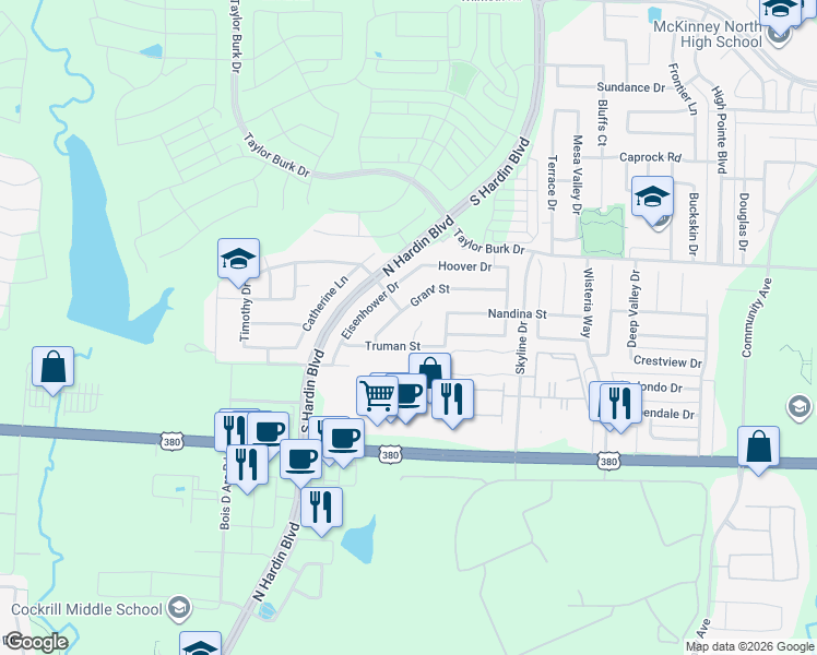 map of restaurants, bars, coffee shops, grocery stores, and more near 3413 Grant Street in McKinney