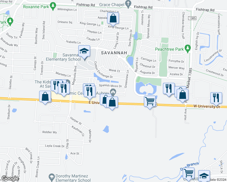 map of restaurants, bars, coffee shops, grocery stores, and more near 1209 Chattahoochee Drive in Aubrey