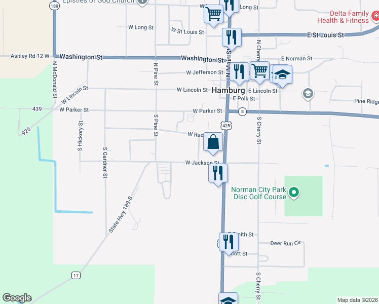 map of restaurants, bars, coffee shops, grocery stores, and more near 306 West Jackson Street in Hamburg