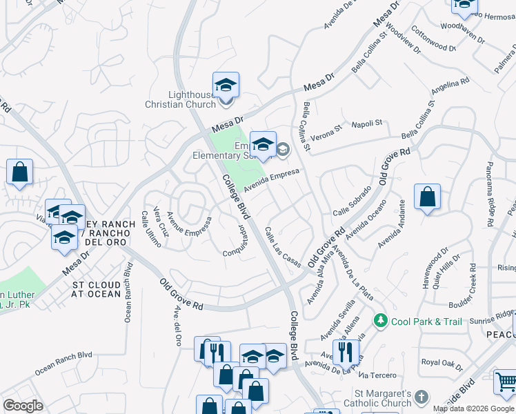 map of restaurants, bars, coffee shops, grocery stores, and more near 4740 Via Escala in Oceanside