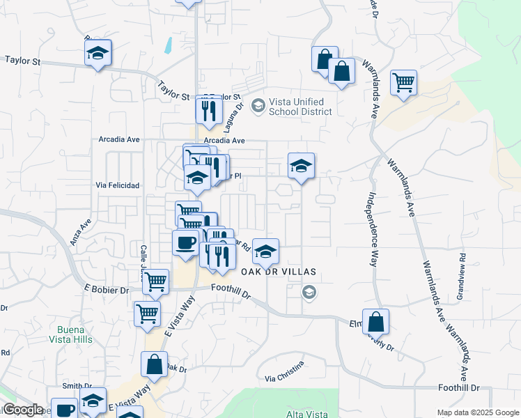 map of restaurants, bars, coffee shops, grocery stores, and more near 1506 Oak Drive in Vista