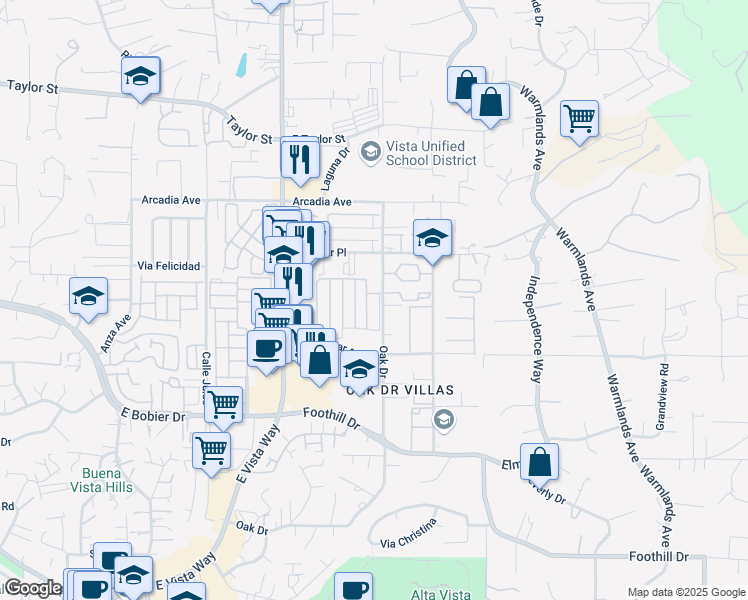 map of restaurants, bars, coffee shops, grocery stores, and more near in Vista