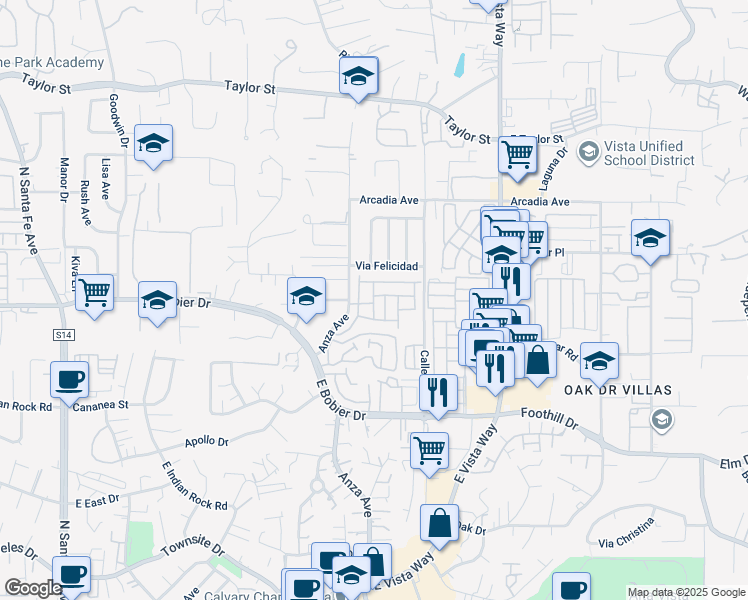 map of restaurants, bars, coffee shops, grocery stores, and more near 1501 Anza Avenue in Vista