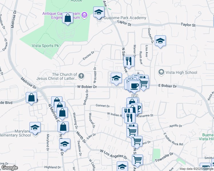 map of restaurants, bars, coffee shops, grocery stores, and more near 245 West Bobier Drive in Vista