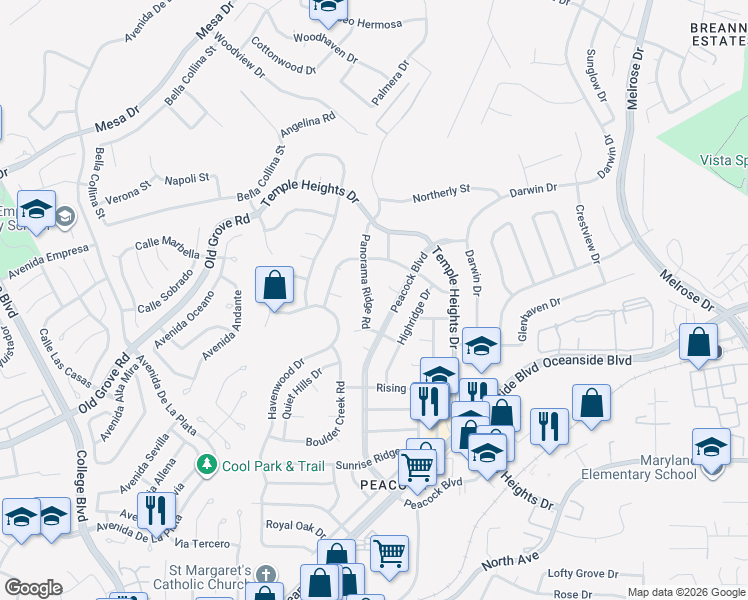 map of restaurants, bars, coffee shops, grocery stores, and more near 1432 Panorama Ridge Road in Oceanside