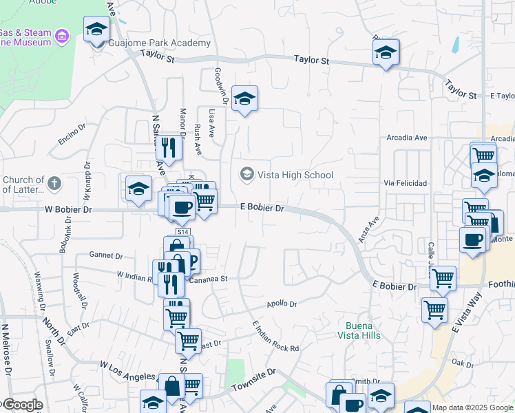 map of restaurants, bars, coffee shops, grocery stores, and more near 444 East Bobier Drive in Vista