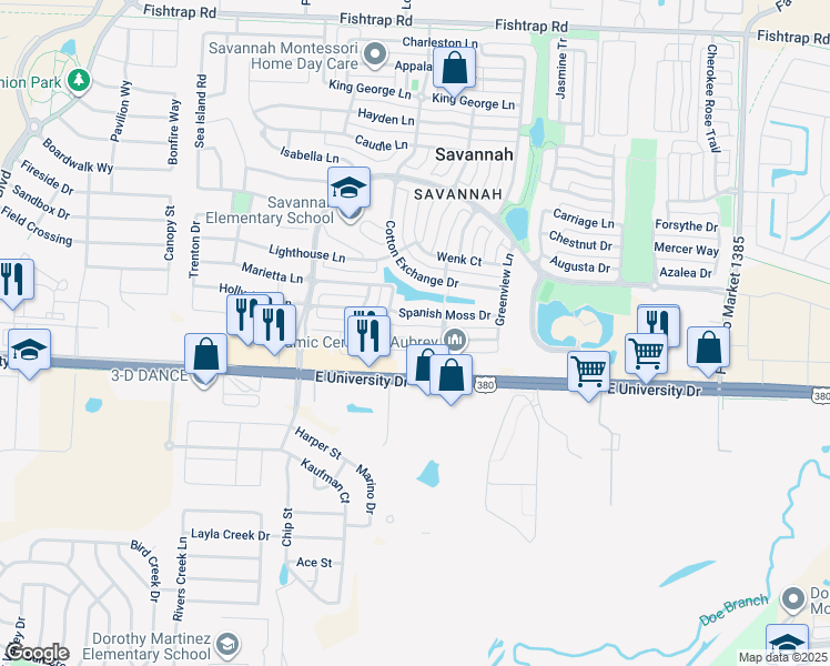 map of restaurants, bars, coffee shops, grocery stores, and more near 1137 Chattahoochee Drive in Aubrey