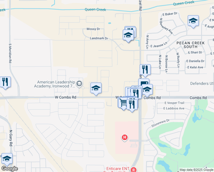 map of restaurants, bars, coffee shops, grocery stores, and more near 250 West Combs Road in Queen Creek