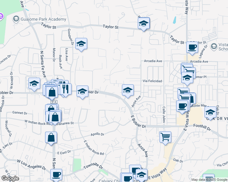 map of restaurants, bars, coffee shops, grocery stores, and more near 584 East Bobier Drive in Vista