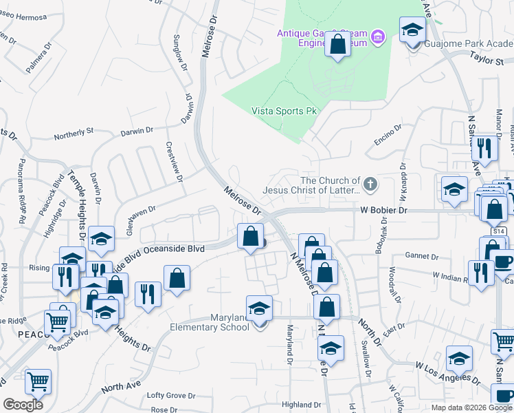 map of restaurants, bars, coffee shops, grocery stores, and more near 1580 Melrose Drive in Oceanside