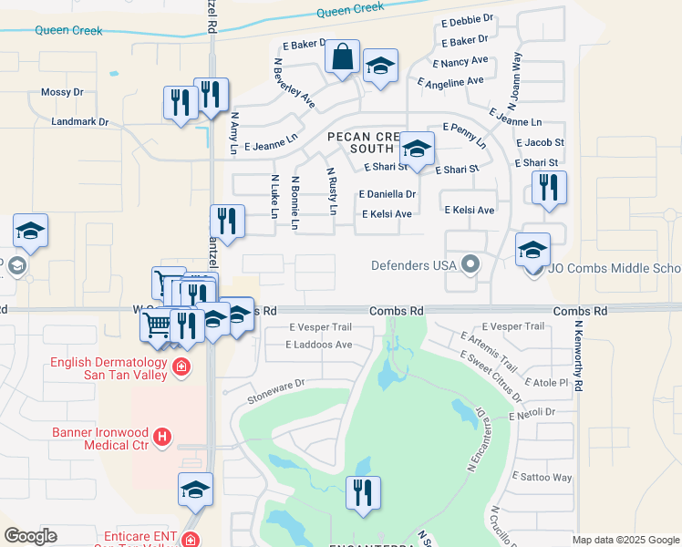 map of restaurants, bars, coffee shops, grocery stores, and more near 873 East Leslie Avenue in Queen Creek