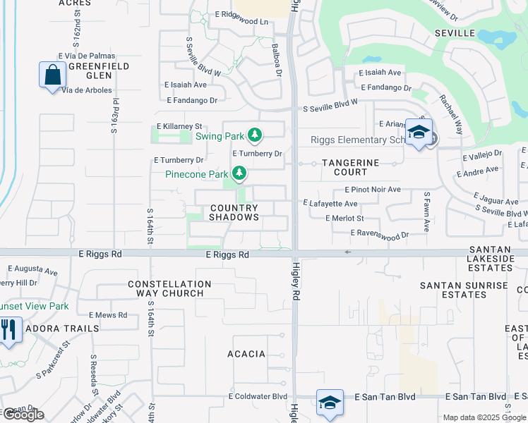 map of restaurants, bars, coffee shops, grocery stores, and more near 3112 East Merlot Street in Gilbert