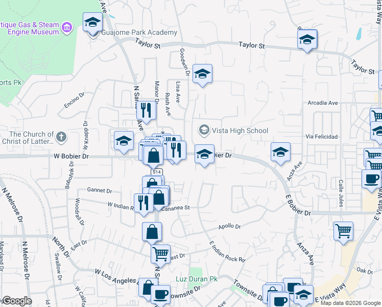 map of restaurants, bars, coffee shops, grocery stores, and more near 1 Panther Way in Vista