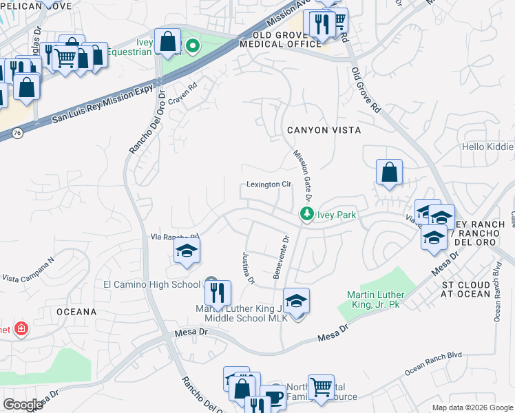 map of restaurants, bars, coffee shops, grocery stores, and more near 410 Lexington Circle in Oceanside
